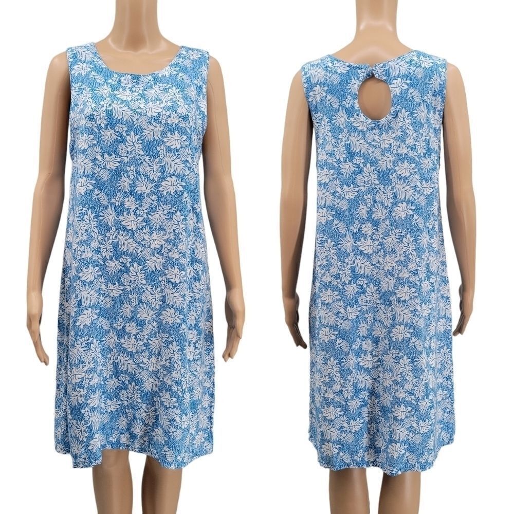 ISLAND Beach Blue Midi Dress with White Tropical Floral Pineapple Print
